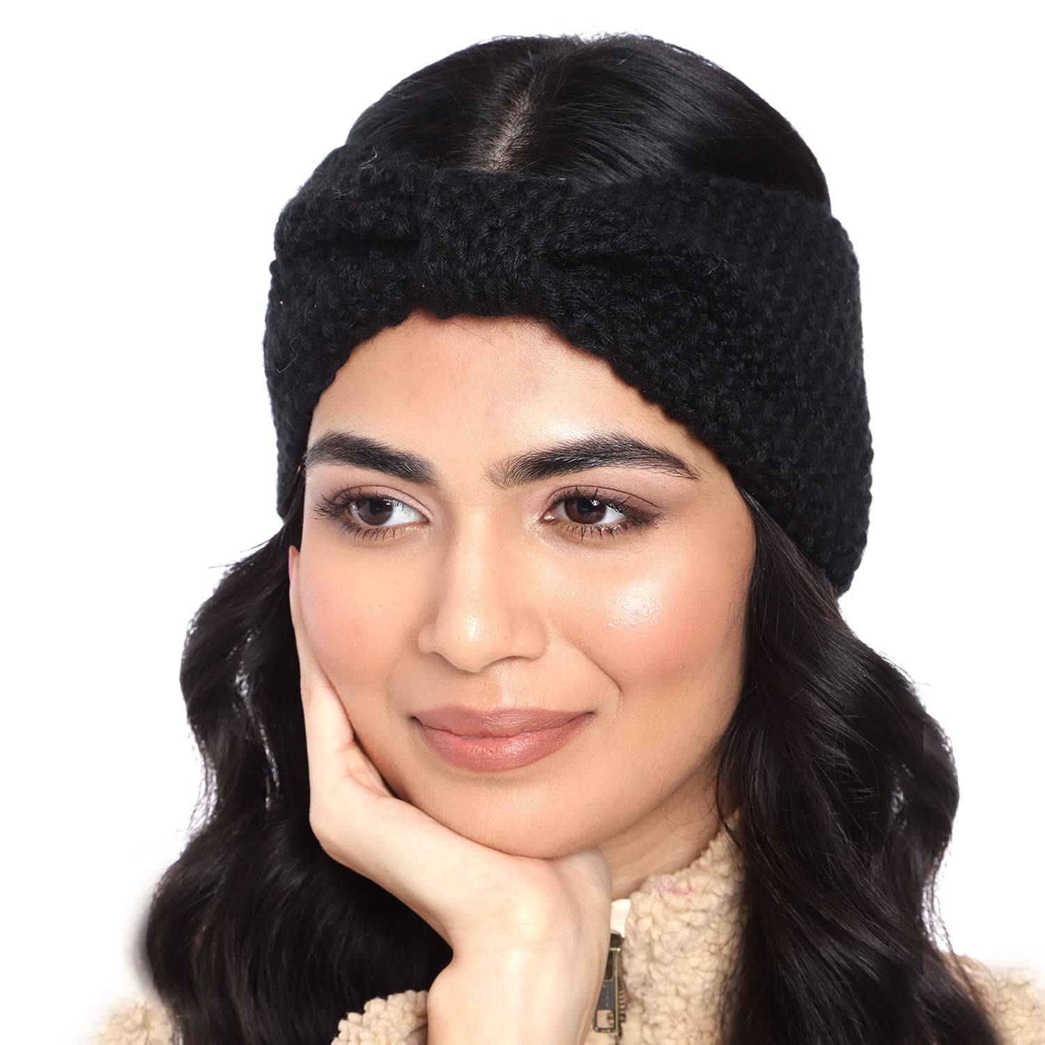 headband earwarmers for women | handmade/crocheted with good woolen earwarmer earmuffs earcap earcover soft headwrap warm winter accessories for girls (black)