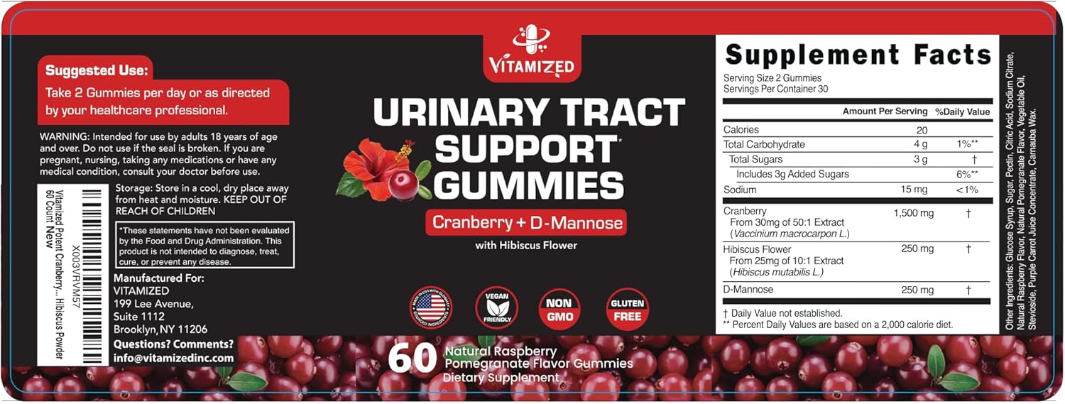 Potent Cranberry Gummies 1500mg with D Mannose - Urinary Tract Health for Women & Men, Urinary Flush & Bladder Fast-Acting Support Supplements with Hibiscus Powder, 60 Count - Image 9