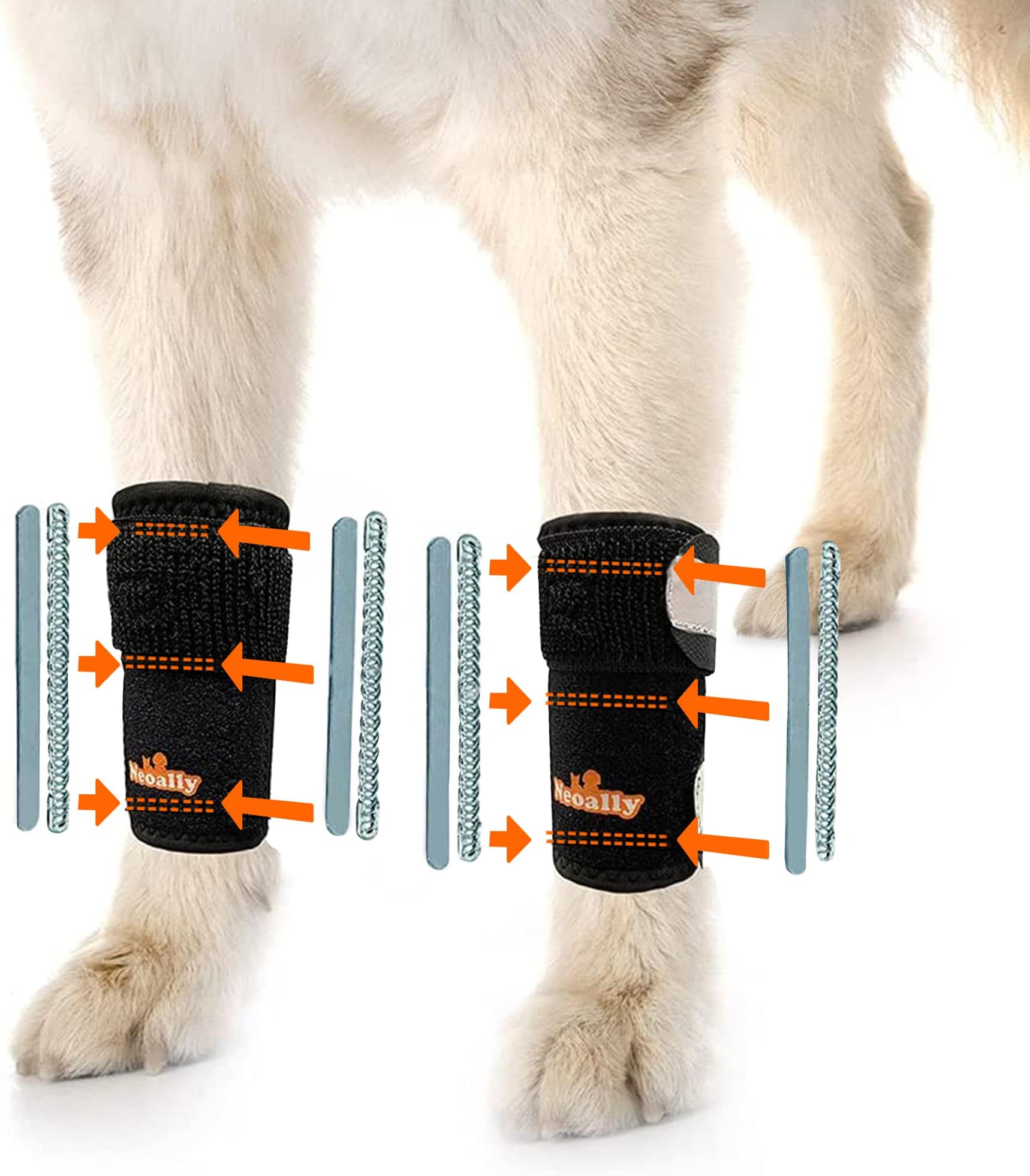 NeoAlly - 3-in-1 Dog Splint Front Leg Support, Front Leg Brace with Rigid and Spring Inserts, Dog Leg Sleeve for Pet Mobility, Stability, & Protection, With Reflective Straps, XXS-XS, 1 Pair