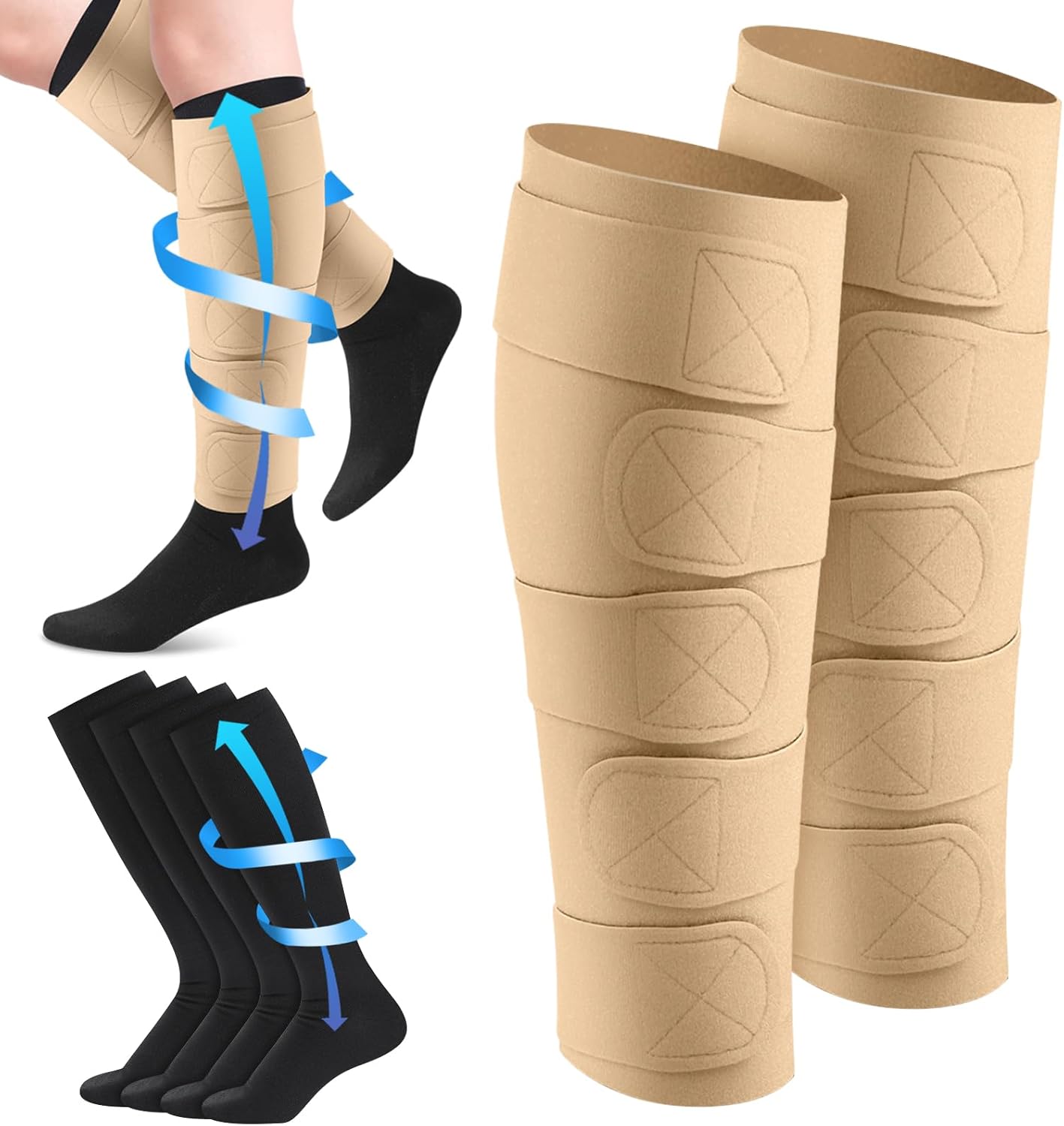 3 Pair Lymphedema Compression Leg Wrap with Calf Compression Sock 20-30 Mmhg Lymphedema Product Adjustable Brace Medical Shin Splint Wrap with Stocking for Heaviness Fatigue