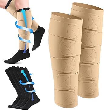 3 Pair Lymphedema Compression Leg Wrap with Calf Compression Sock 20-30 Mmhg Lymphedema Product Adjustable Brace Medical Shin Splint Wrap with Stocking for Heaviness Fatigue