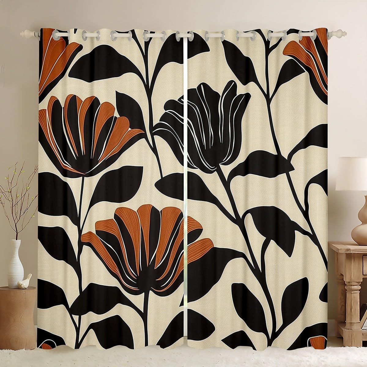 Feelyou Boho Flower Window Curtains for Living Room Orange Flowers Curtains Blackout for Kids Boys Girls Floral Print Window Drapes Vintage Retro Window Treatments 52W X 63L,2 Panels