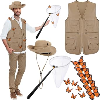 Maiteenly 15 Pcs Halloween Butterfly Catcher Costume Set for Adult Men Monarch Butterfly Decorations, Net, Pocket Vest, Hat