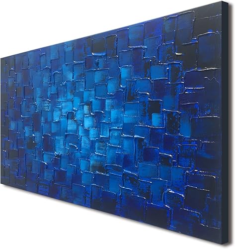 Miniatura 9 de MyArton Arte de Pared de Lienzo con Cuadrados Abstractos Texturizados Pintado a Mano Pintura al Óleo Moderna Azul Oscuro para Decoración Listo para