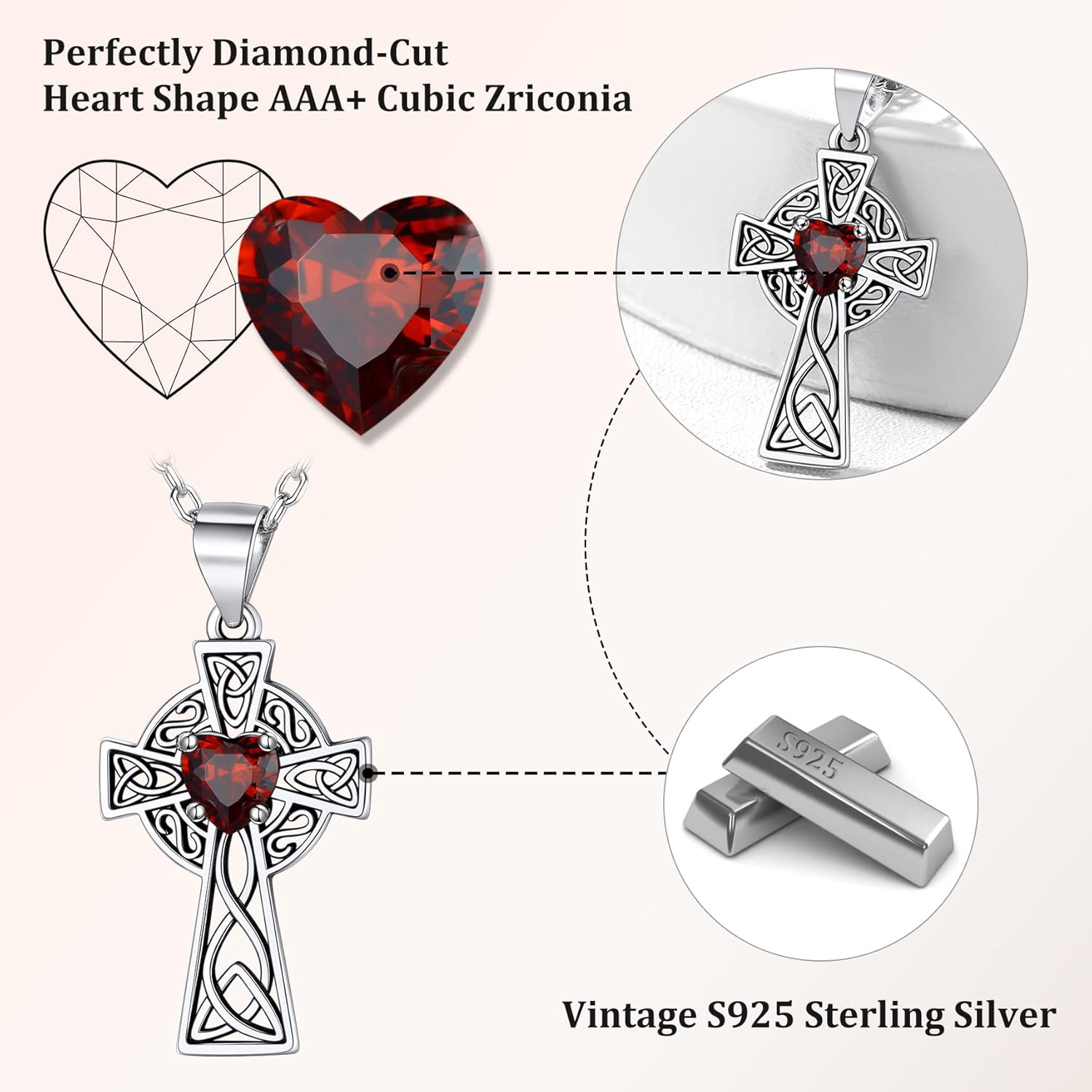 Bestyle Silver Celtic Cross Necklace with 12 Month Heart Birthstone, Dainty Celtic Birthstone Necklace Silver Chain for Women Faith Irish Amulet Lucky Birthstone Jewelry - Image 4