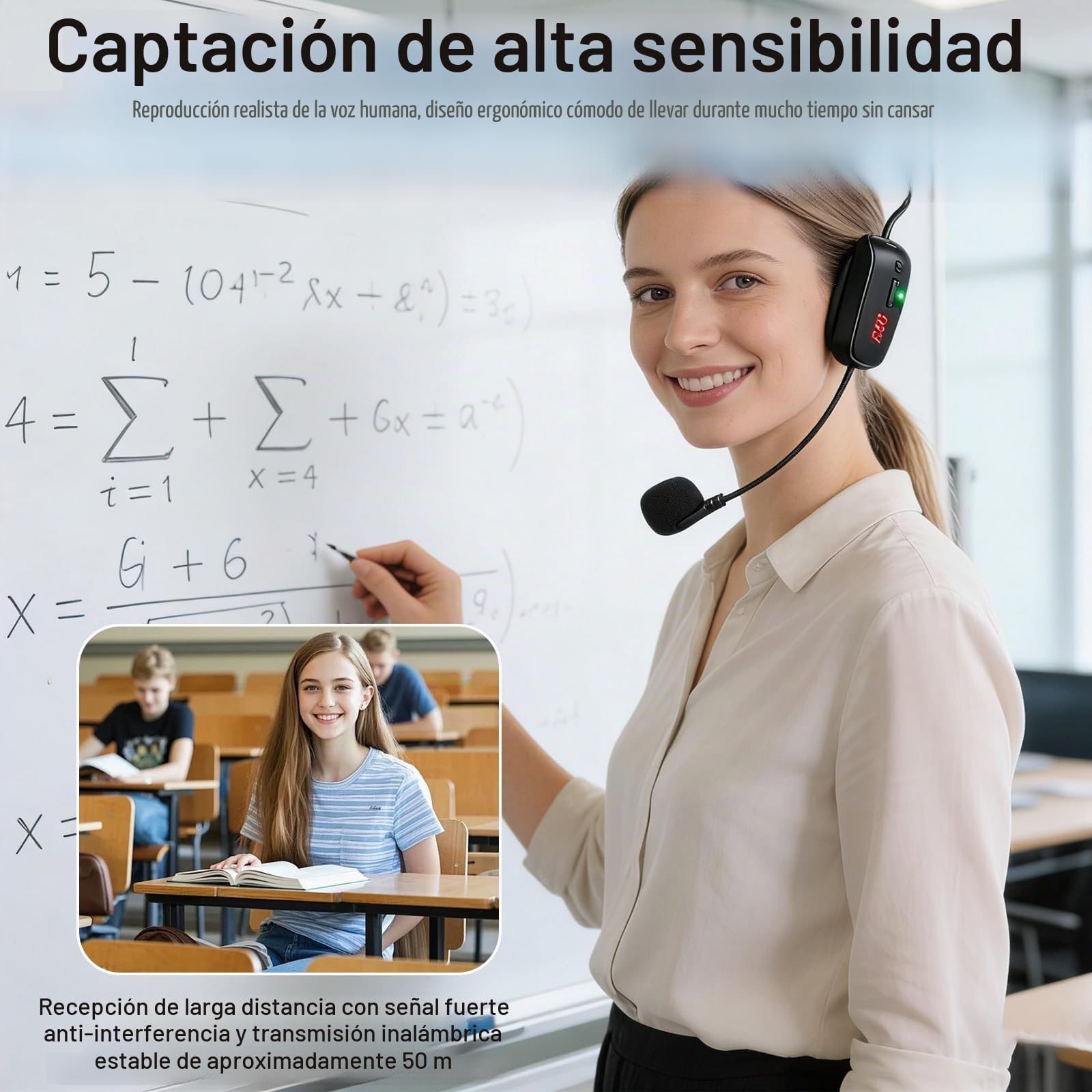 Auriculares de Micrófono Inalámbrico, Micrófono UHF Inalámbrico Recargable, Micrófono de Cabeza Inalámbrico, Auriculares de Micrófono Inalámbrico, Rango de 50 m, Micrófono con Diadema para Enseñanza