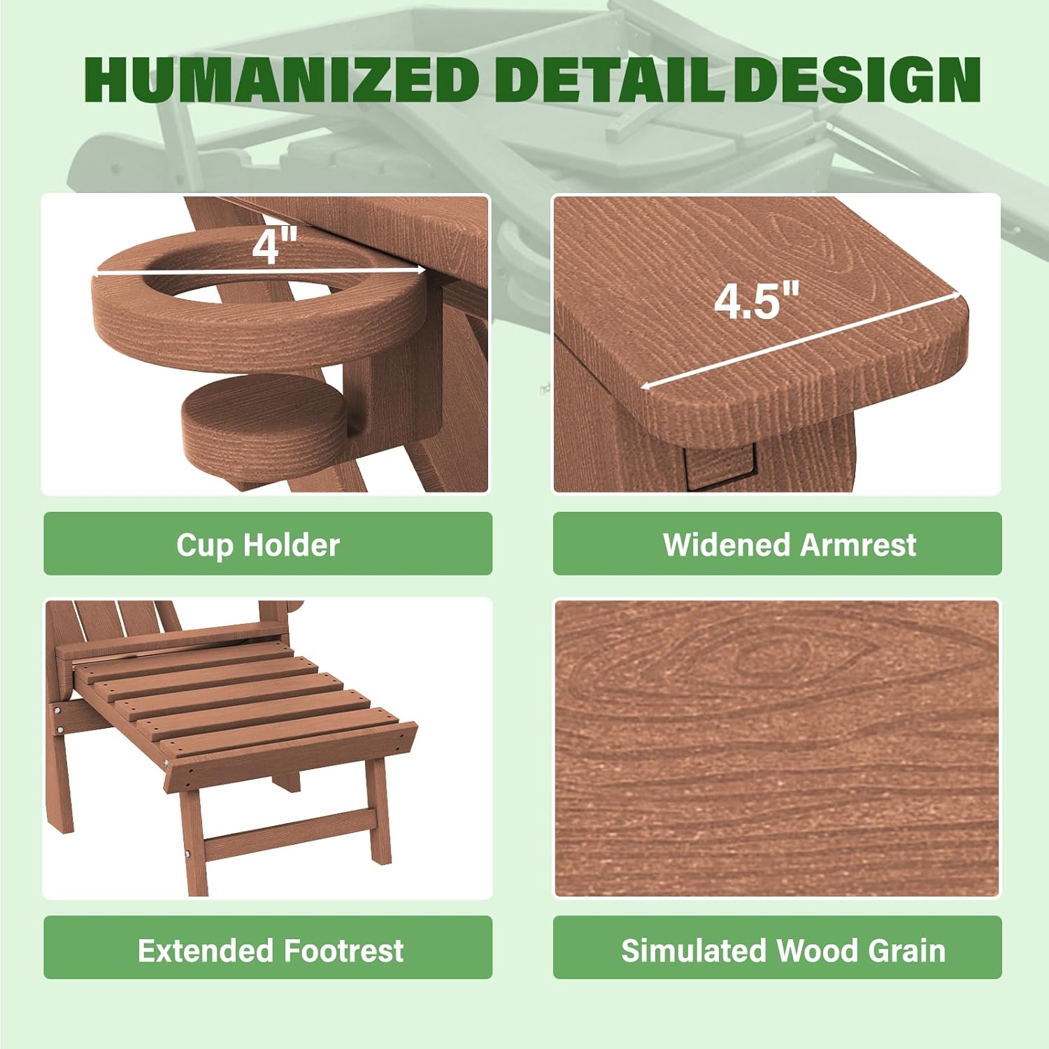 LOUNZY Folding Adjustable Adirondack Chair with Retractable Ottoman, HDPE Recliner Adirondack Chair with Cup Holder for Deck Lawn Fire Pit, Brown