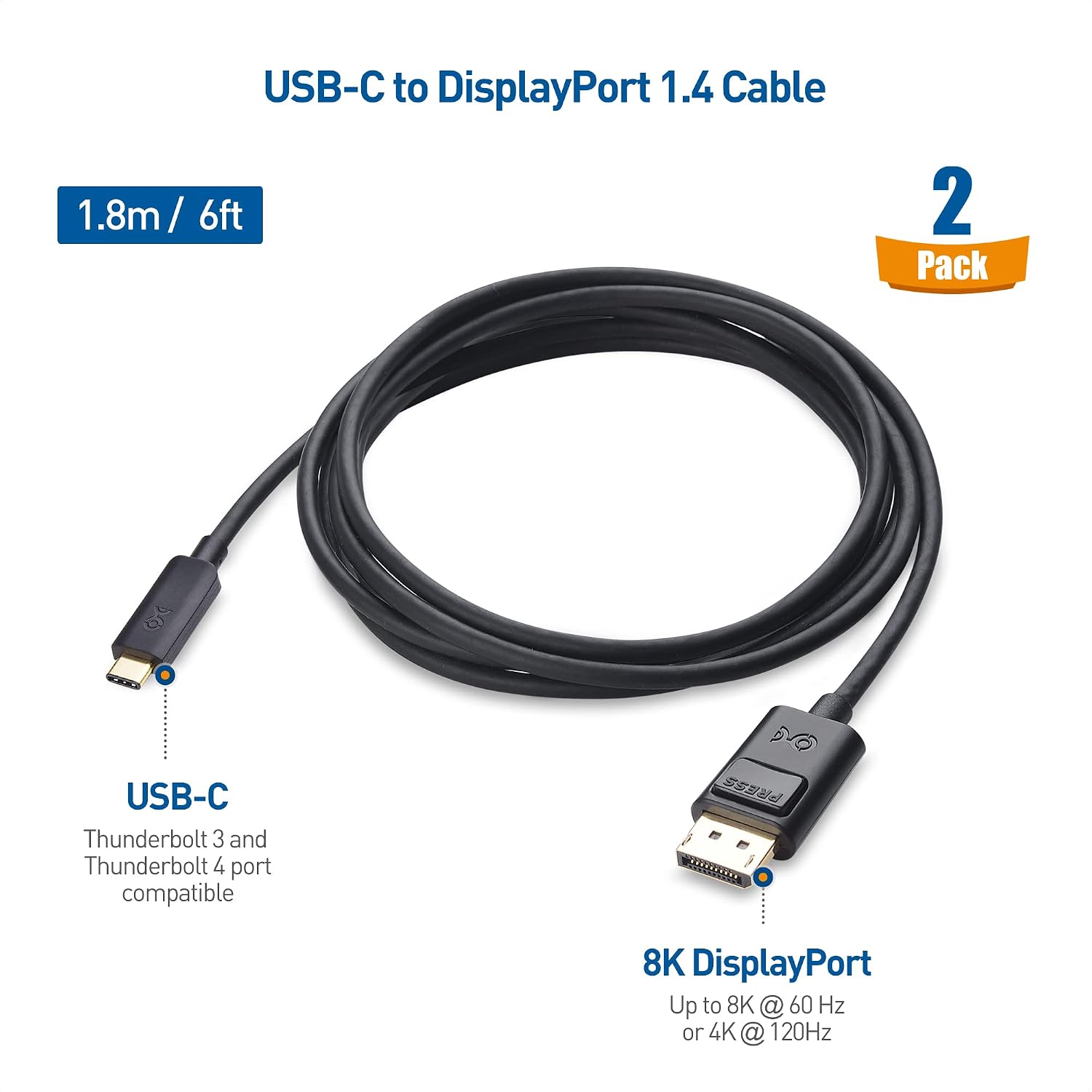 Cable Matters 2-Pack, USB C to DisplayPort 1.4 Cable 6 ft, Support 8K 60Hz / 4K 144Hz (USB-C to DisplayPort, USB C to DP Cable) in Black - Thunderbolt 4 /USB 4 Compatible with MacBook Pro, XPS