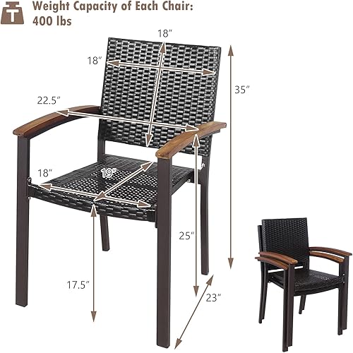 Miniatura 3 de HAPPYGRILL Juego de 4 sillas de comedor para patio, juego de 4 sillas de mimbre de ratán para exteriores, sillón apilable con estructura de acero
