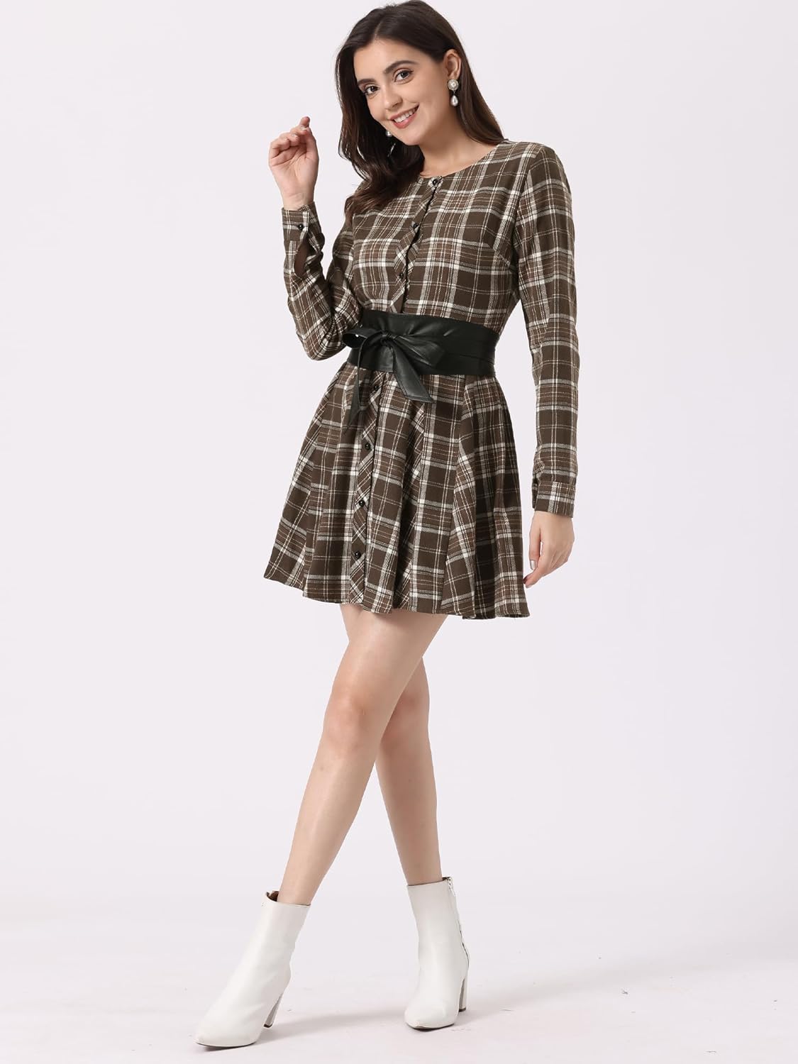 Allegra K Women's Christmas Plaid Dress Long Sleeve Button Down Belted Mini Shirtdress - Image 2