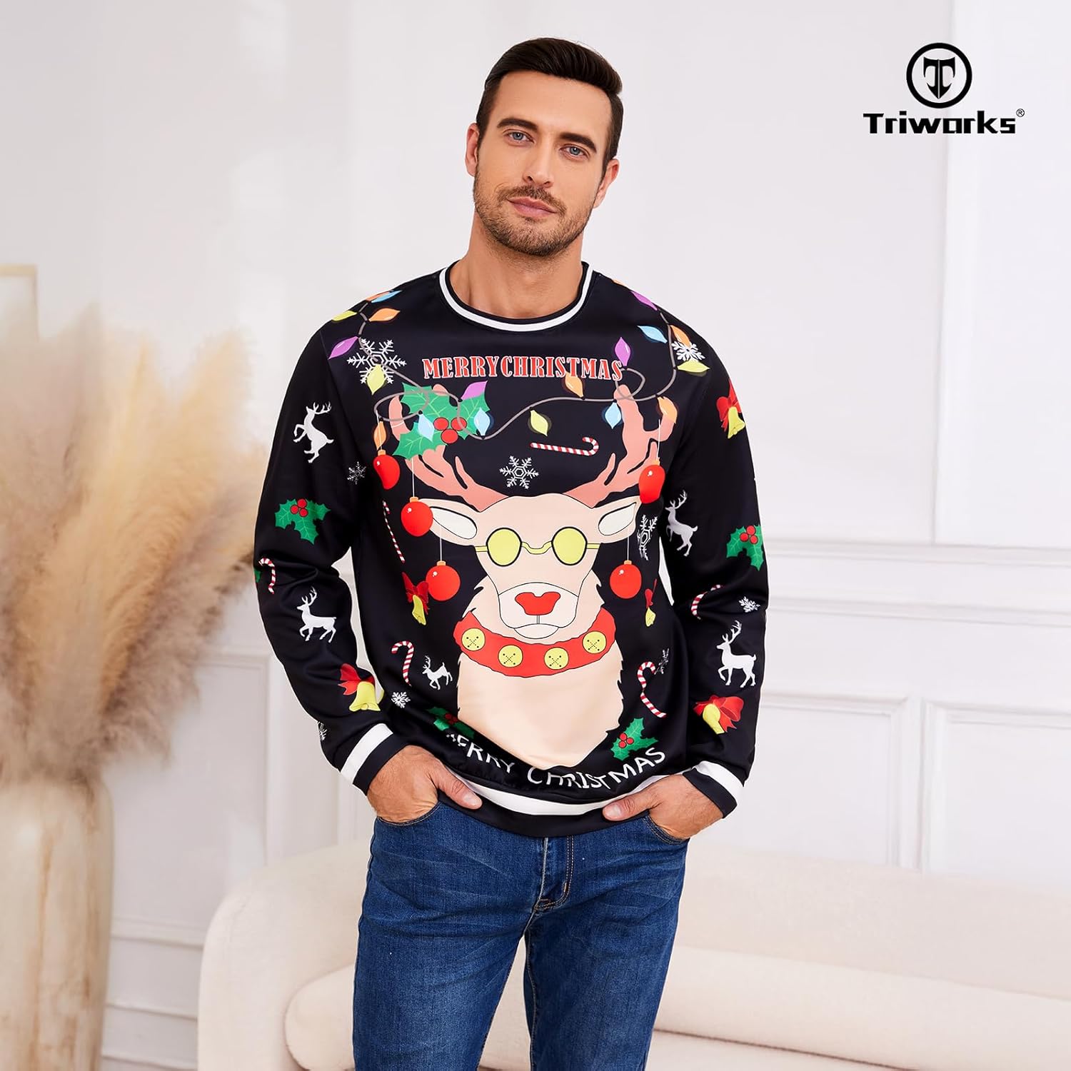 TRIWORKS Mens Ugly Christmas Sweatshirts 3D Printed Pullover Long Sleeve Sweatshirts for Men Woman Black - Image 2