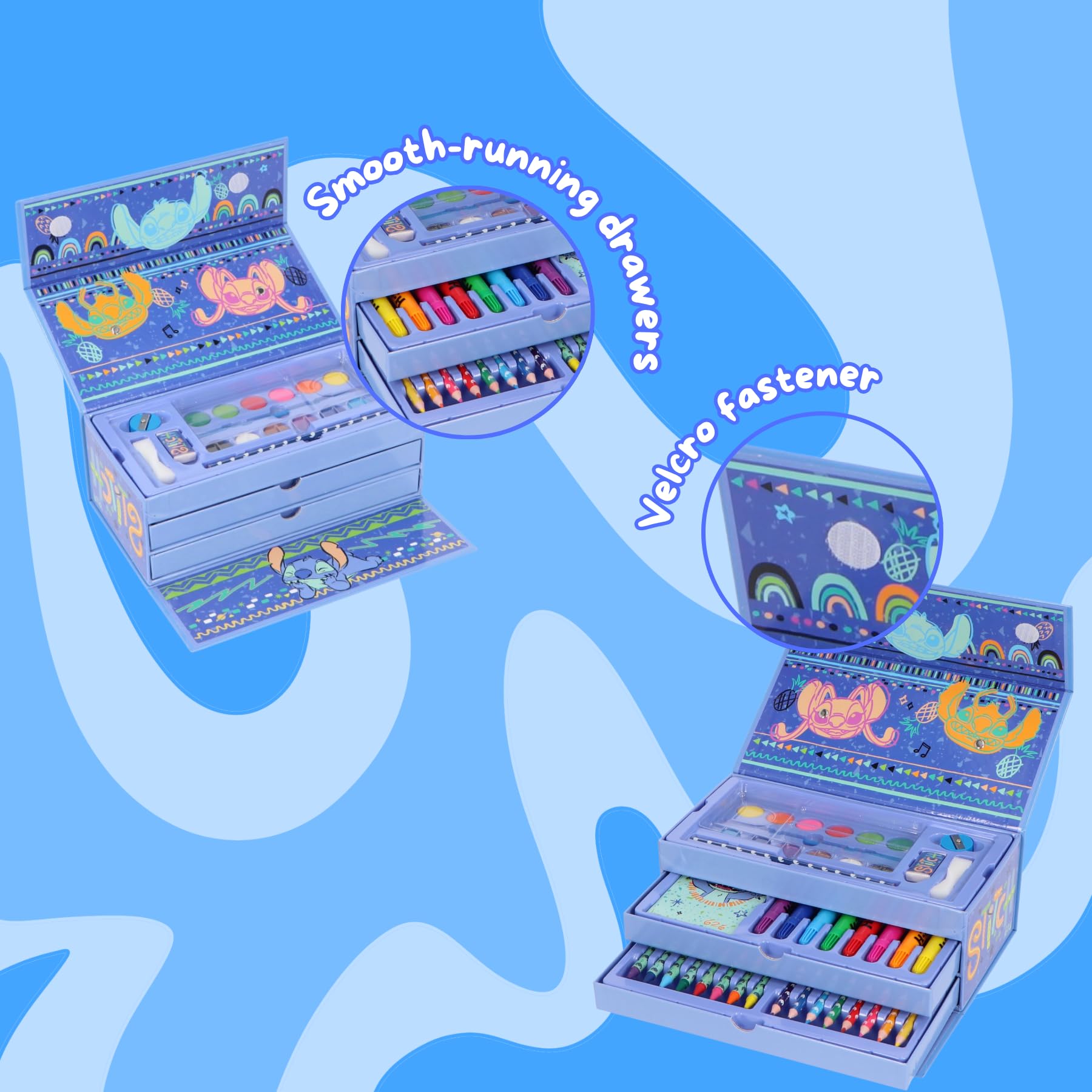 Stitch - Valigetta da colorare per bambini – Set da colorare blu da 52 pezzi con scatola di colori, matite colorate, pennarelli e pastelli a cera – Valigetta da disegno a 3 piani – Set creativo e