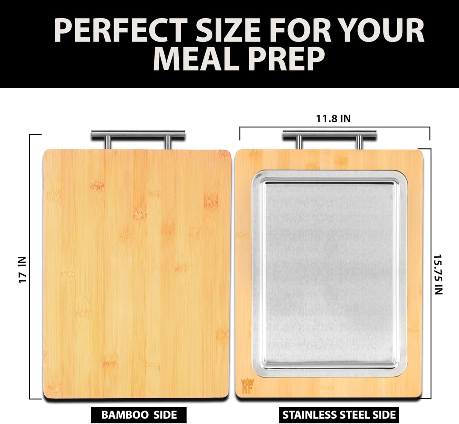 KF Double Sided Cutting Board - Bamboo and Stainless Steel Cutting Boards for Kitchen, Non Toxic Reversible Chopping Board for Meat and Veggies