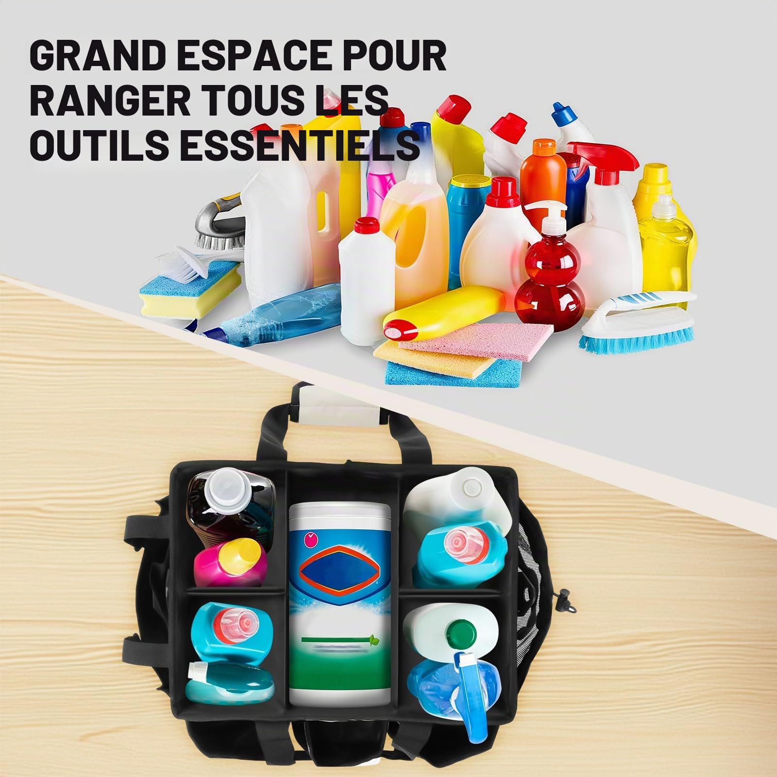 Qivine Grand Panier Rangement de Nettoyage, 5 Compartiments Seau de Rangement avec Séparateur Réglable, Organisateur de Caddie Sac de Nettoyage avec Poignée pour la Maison et la Voiture (Blanc)