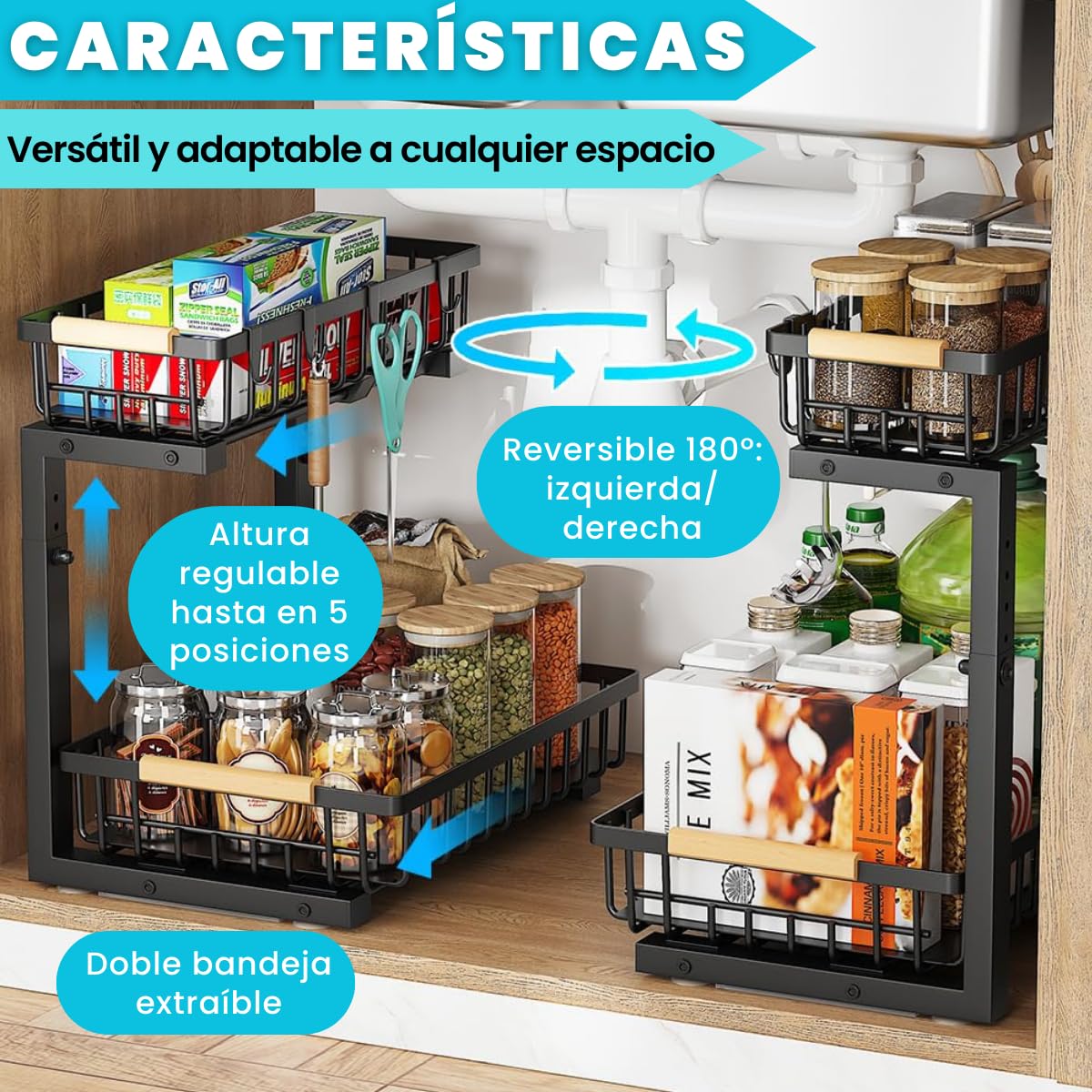 Organizador Bajo Fregadero Multiusos Fácil de Montar PREMIUM | Organizador Cocina, Baño, Lavadero | Acero Carbono 2 Niveles, Cestas Extraíbles, Altura Ajustable y Forma de L | Hogar y cocina