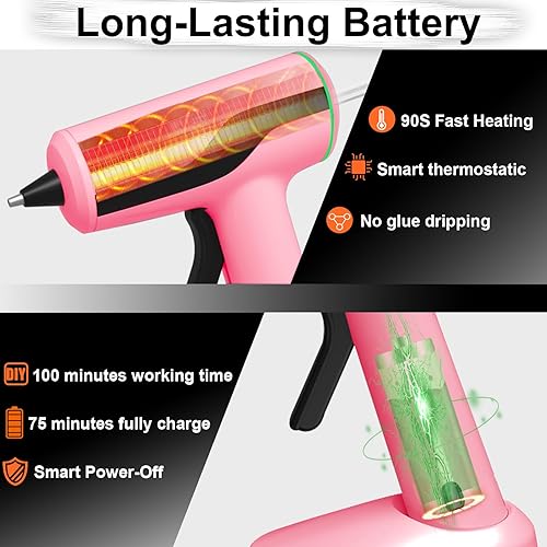 Miniatura 3 de MONVICT Kit de pistola de pegamento caliente inalámbrica, mini pistola de pegamento rosa recargable USB-C con 40 barras de pegamento premium, 10