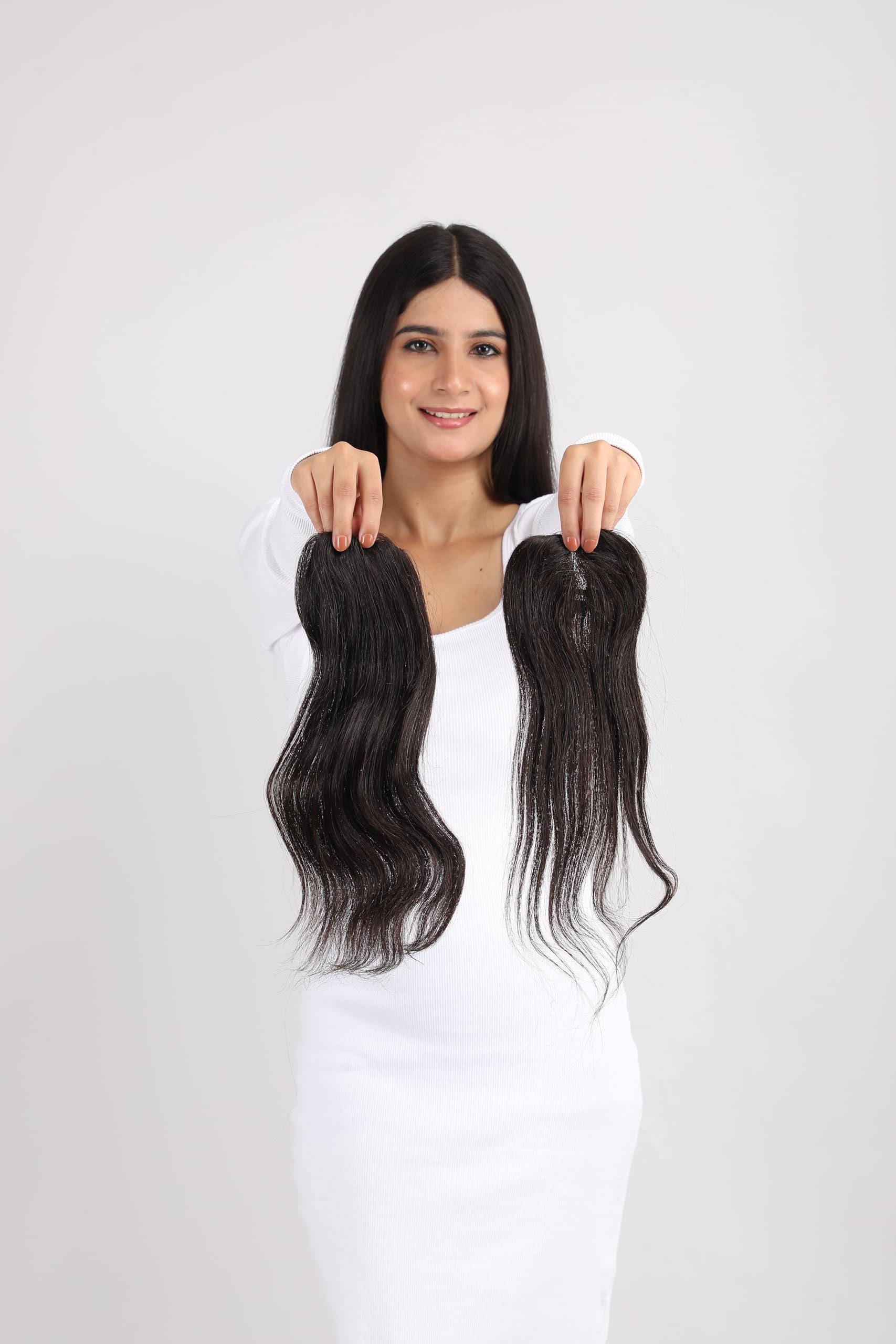 Lace Base Hair Topper | 100% Human Hair Backcombed Topper for Crown Area (Hair Thinning) | Natural Brown, 16 Inches | Base Size 3"x2"-image-1