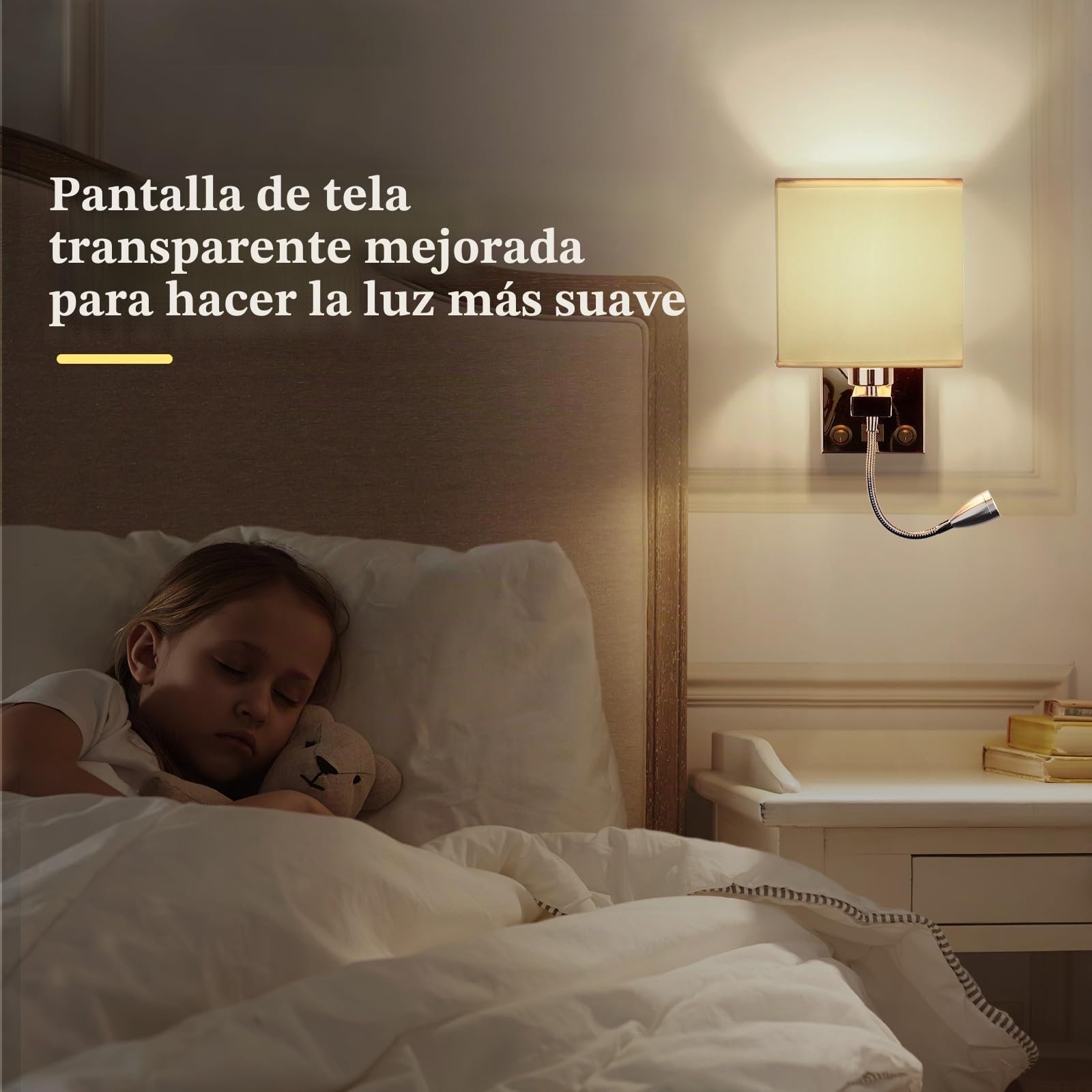 ALLOMN Luz de la Mesilla de Noche, Lámpara de Pared de Lectura LED Lámpara de Pared Moderna con Foco de Cuello de Cisne Ajustable, Interruptores Dobles, Con Puerto USB para Cargar E27 (Con USB, 1 PCS)