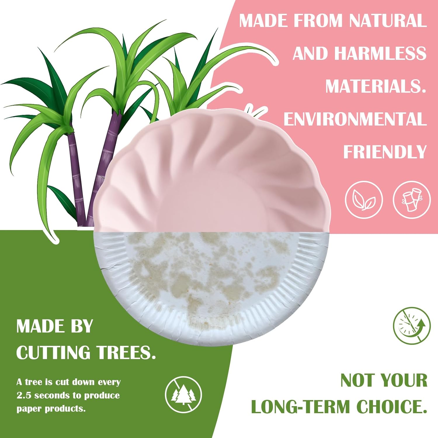 LemonRoad 9 Inch Pink Bamboo Paper Plates Disposable 50 Pack Heavy Duty Pink Paper Plates Bulk with Spiral Pattern Microwave Safe for Wedding Birthday Bridal Shower Camping Picnic Catering Events