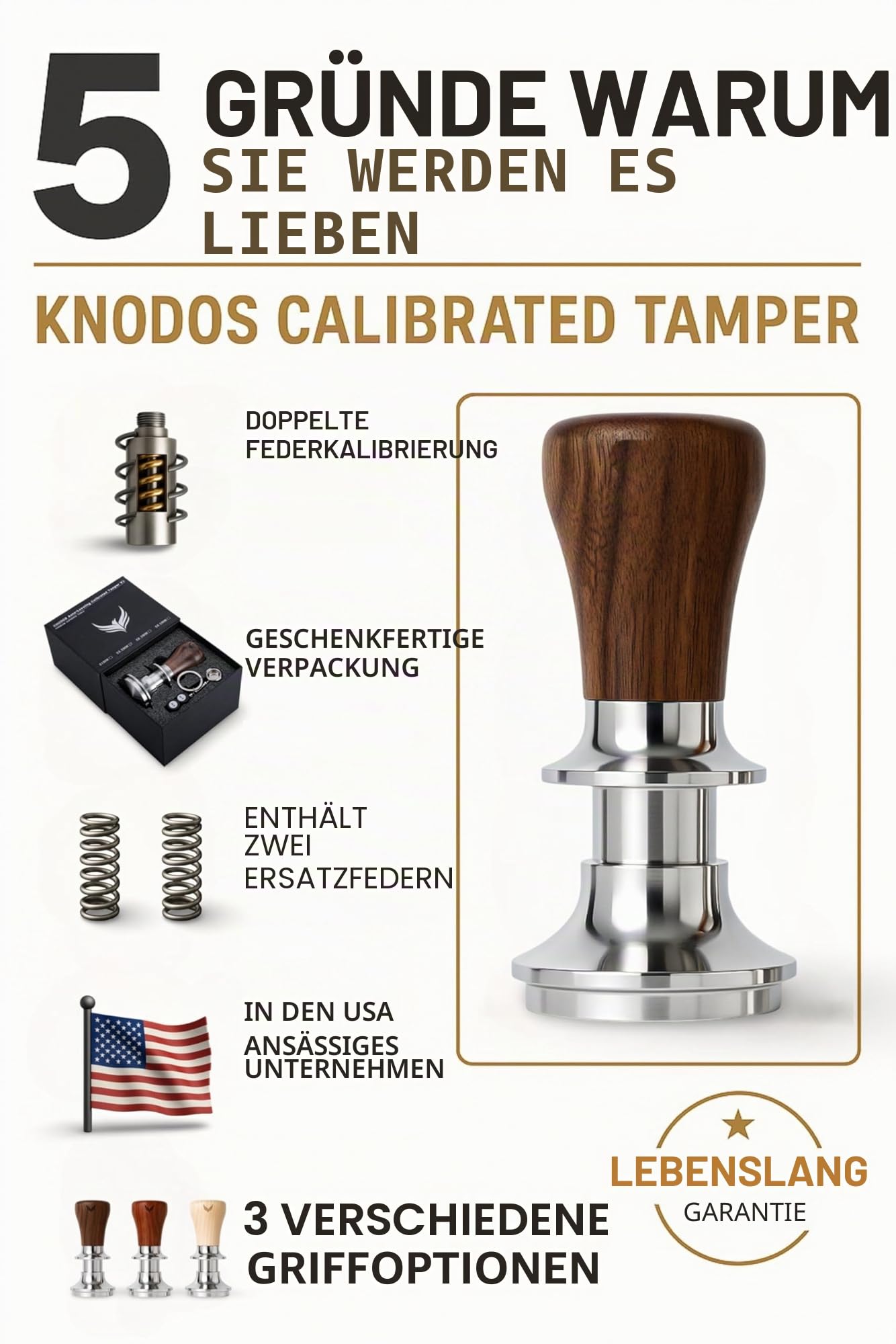 Espresso Tamper 58.5mm Walnuss – Druckregulierend 30lb Kalibriert, Selbstnivellierend, Edelstahl Ripple Base Kaffee Tamper für Siebträgermaschine mit 3 Austauschbaren Federn