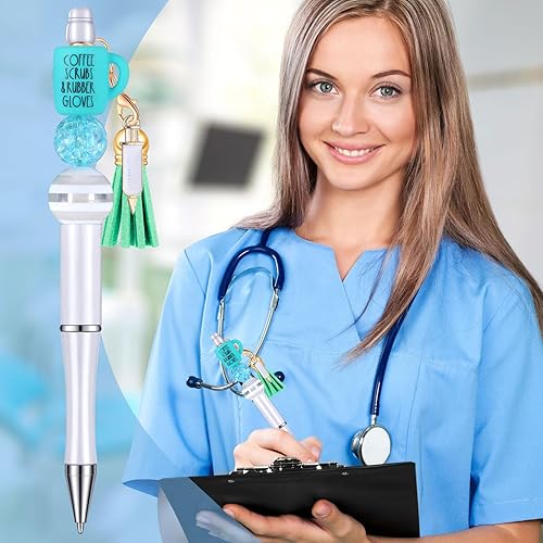 Miniatura 6 de Jutom 12 bolígrafos para enfermeras con 50 cuentas de colores, 12 borlas, 12 colgantes, cuentas focales de silicona surtidas, kit de fabricación de