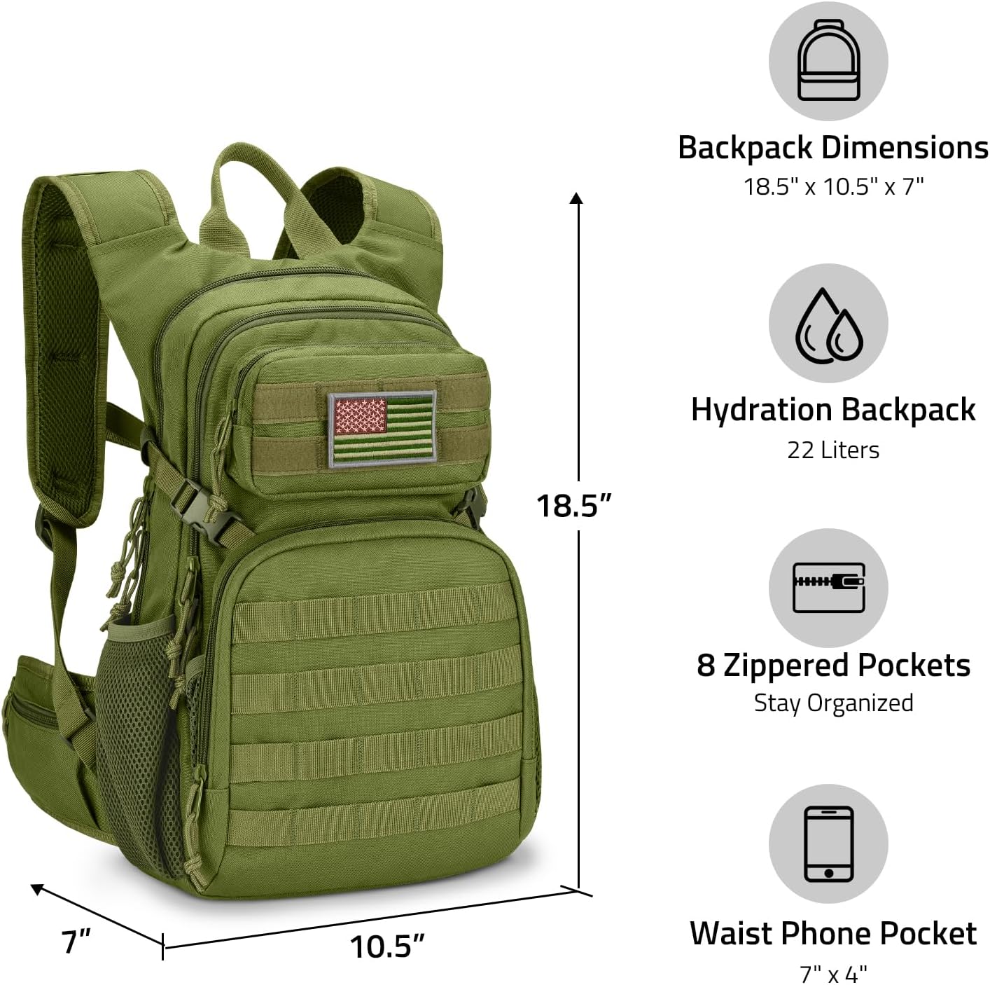 CVLIFE Tactical Hydration Backpack with 3L TPU Water Bladder, 22L Hiking Backpack for Men Women, Heavy Duty Molle Water Backpack with Multiple Compartments for Cycling Running Hunting Camping - Image 6