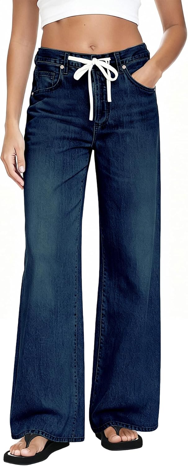 MARIASHA Wide Leg Jeans for Women Trendy High Waist Stretchy Baggy Jeans Women Drawstring Denim Pants