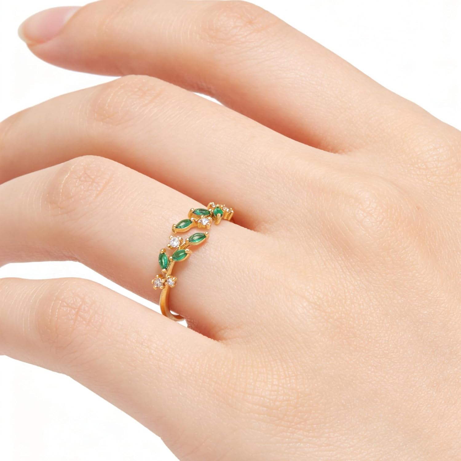 Trendy Gold Rings for Women Silver Cubic Zirconia Adjustable Rings Dainty Stackable Ring Bling Green Crystal Leaf Ring Aesthetic Everyday Jewelry - Image 4