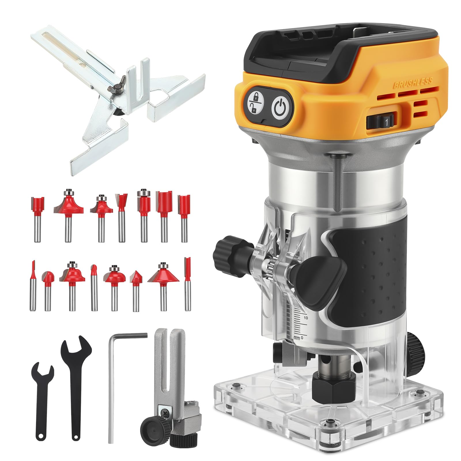 Cordless Power Router 1300W, 30000RPM Brushless Router Compatible with Dewalt DCB 18V-20V Battery, 6-Speed Wood Trimmer with Edge Guide & 1/4" Collet (Battery Not Included) (Yellow)