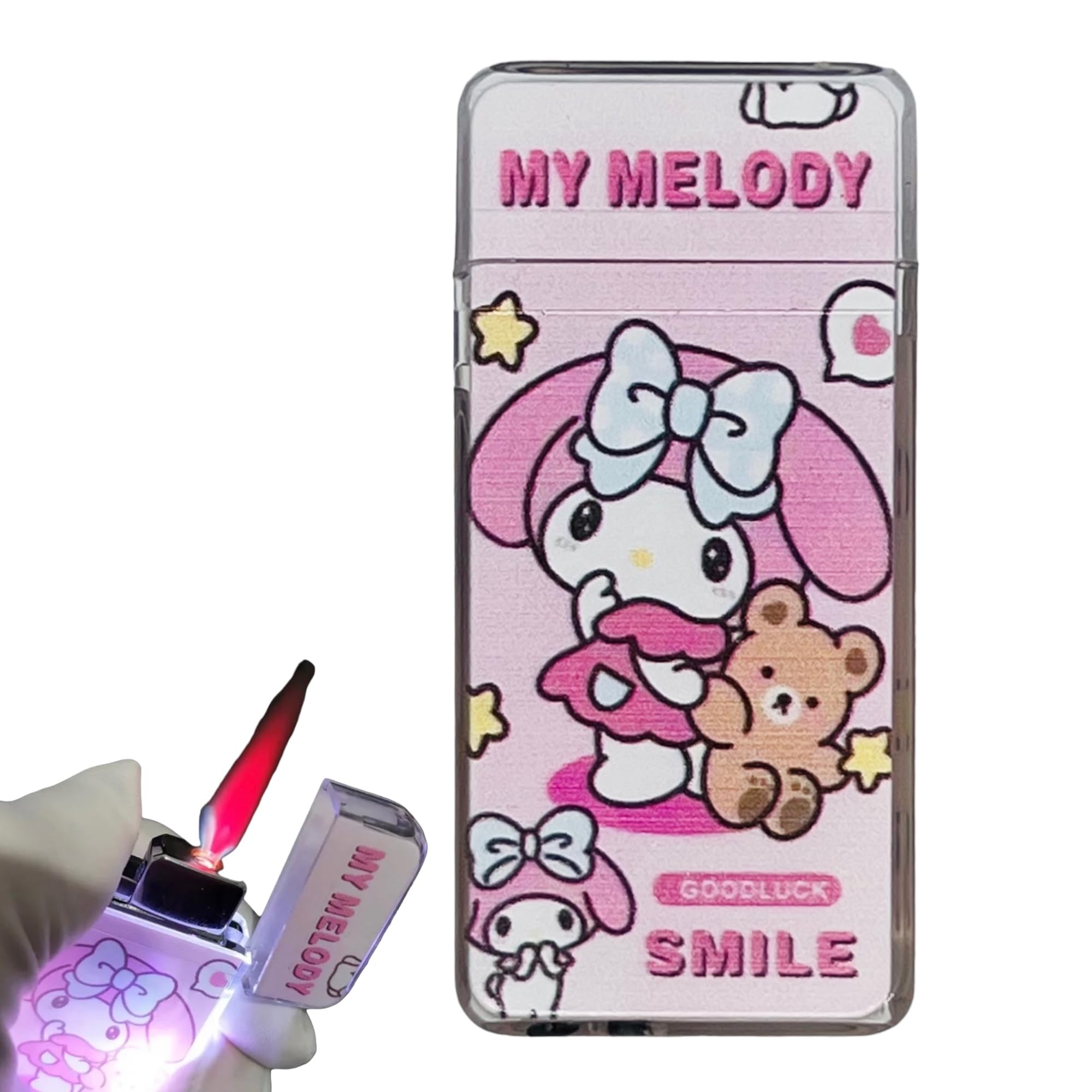 NIVEK Light Up Glow in The Dark Lighter Kitty KT Cat Melody Kuromi Japanese Character Kawaii Pink Flame Jet Torch Refillable (Melody)