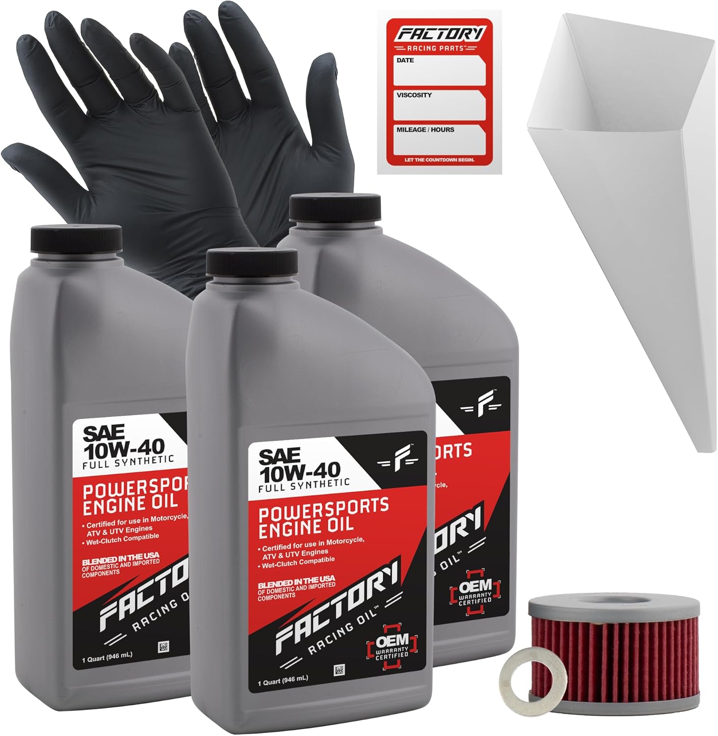 Factory Racing Parts Oil Change Kit compatible with Suzuki DR650S, DR650SE – Includes 3 Quarts of 10W-40 Full Synthetic Oil, 1 Filter, 1 Crush Washer, 1 Funnel, 1 Oil Change Reminder Sticker