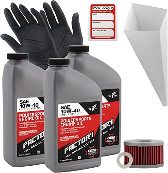 Factory Racing Parts Oil Change Kit compatible with Suzuki DR650S, DR650SE Includes 3 Quarts of 10W-40 Full Synthetic Oil, 1 Filter, 1 Crush Washer, 1 Funnel, 1 Oil Change Reminder Sticker