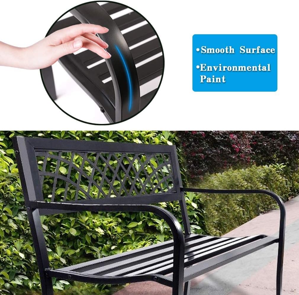FDW GB-545-Black for Patio Metal Park Bench with Armrests Sturdy Steel Frame Furniture for Yard Porch Work Entryway，Black
