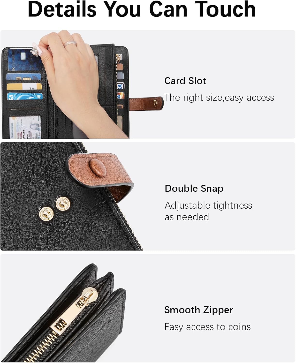 BOSTANTEN Womens Leather Wallets RFID Blocking Large Capacity Trifold Card Holder Ladies Phone Clutch Black&Brown - Image 4