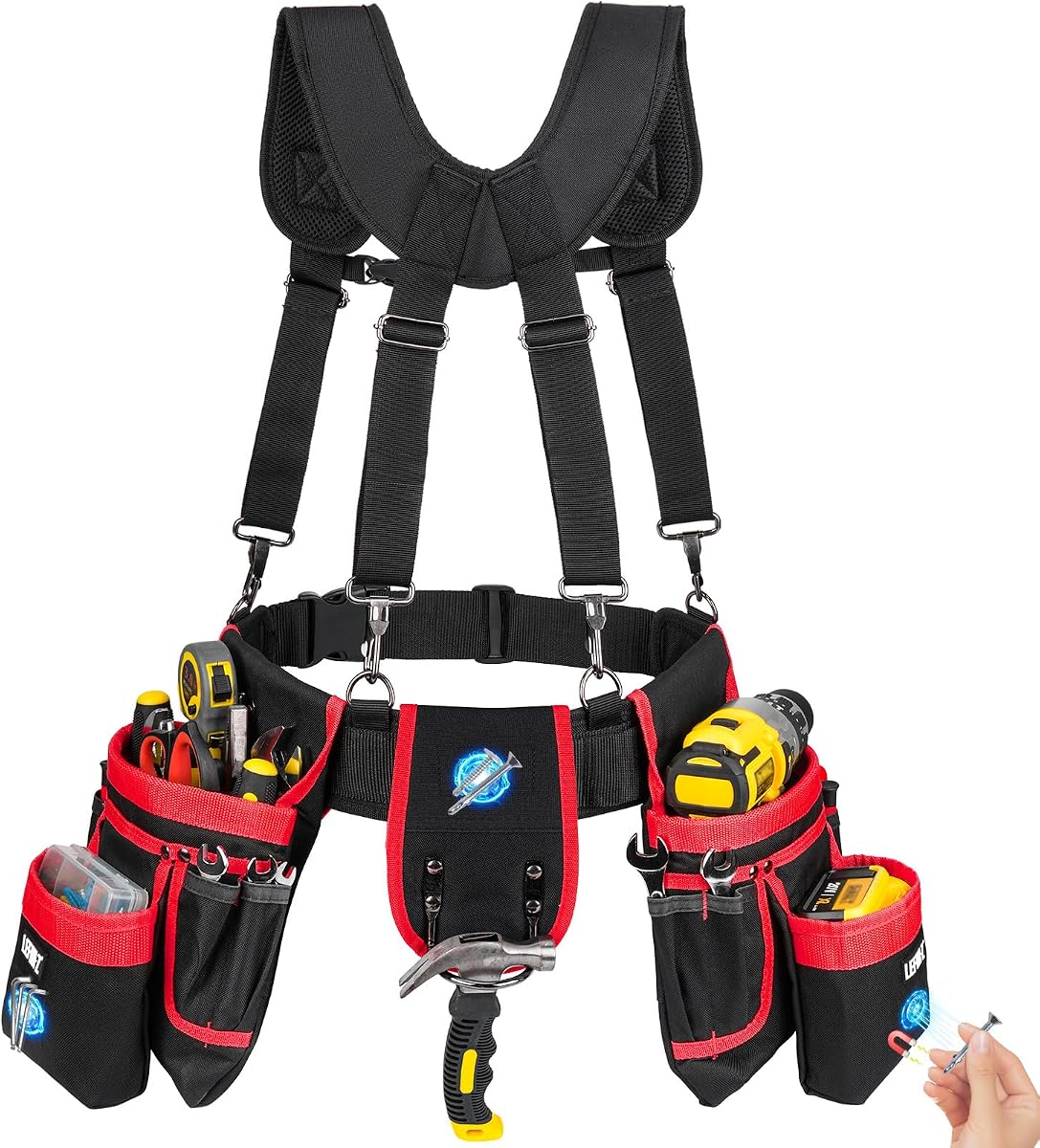 Tool Belt with Suspenders,27-Pockets Heavy Duty Tool Belts for Men with Magnetic Tool Pouch,Detachable & Adjustable Work Belt Bag for Electrician,Carpenter,Construction,Utility Toolbelt,Black,Red