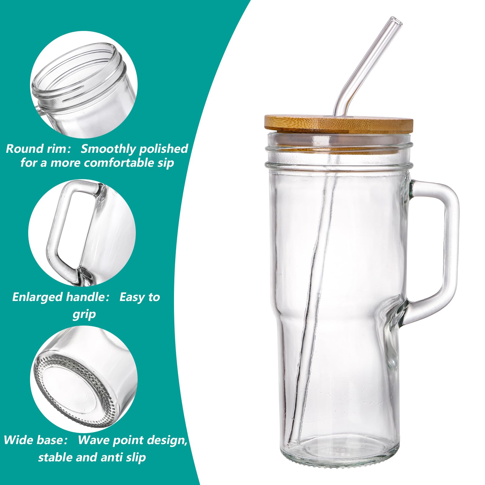 Yesland Glasbecher mit Griff, 680 ml, Einmachglas mit Bambusdeckel und Strohhalmen, wiederverwendbare Kaffeetassen, Trinkgläser für Eiskaffee, Smoothies, Bier, Saft und Bubble Tee, Geschenk, 4 Stück