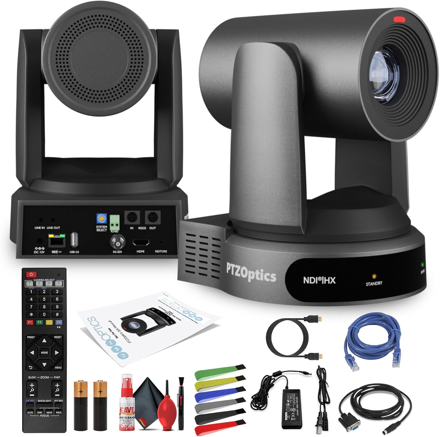 PTZOptics Move 4K SDI/HDMI/USB/IP PTZ Camera with 30x Optical Zoom (Gray) (PT30X-4K-GY-G3) + Lens Cleaning Kit + HDMI Cable + Ethernet Cable + Color Wire Ties