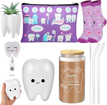 Pickmesh 6 Pcs Nurse Week Appreciation Gifts Dentist Hygienist Gifts 16 oz Glass Cups with Lid Makeup Bag Socks Badge Holder Tooth Brush Pot for Women Doctor Nurse Appreciation AccessoriesPurple