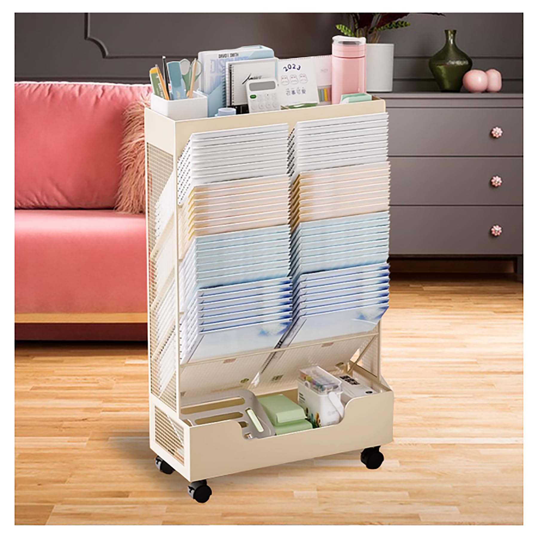 Mobile Bookshelf with Wheels - 5 Tier Rolling Metal Storage Organizer Table Side Storage Basket Cart for Classroom - Convenient Deskside Movable Book Rack Storage Bookshelf