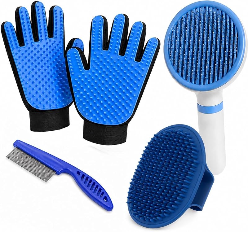 NVNAN 5-Piece Dog Grooming Brush Set with Grooming Gloves | Includes deshedding comb, shampoo brush, and pet hair removal tools for shedding, bathing, and brushing