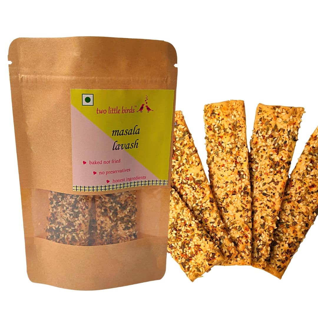 two little birds Masala Lavash - Baked Not Fried, Lavash Sticks | Freshly Baked, Eggless, Handmade Flat Bread | No Added Preservatives, Palm Oil or Refined Sugar | 120 Grams (Pack of 1)