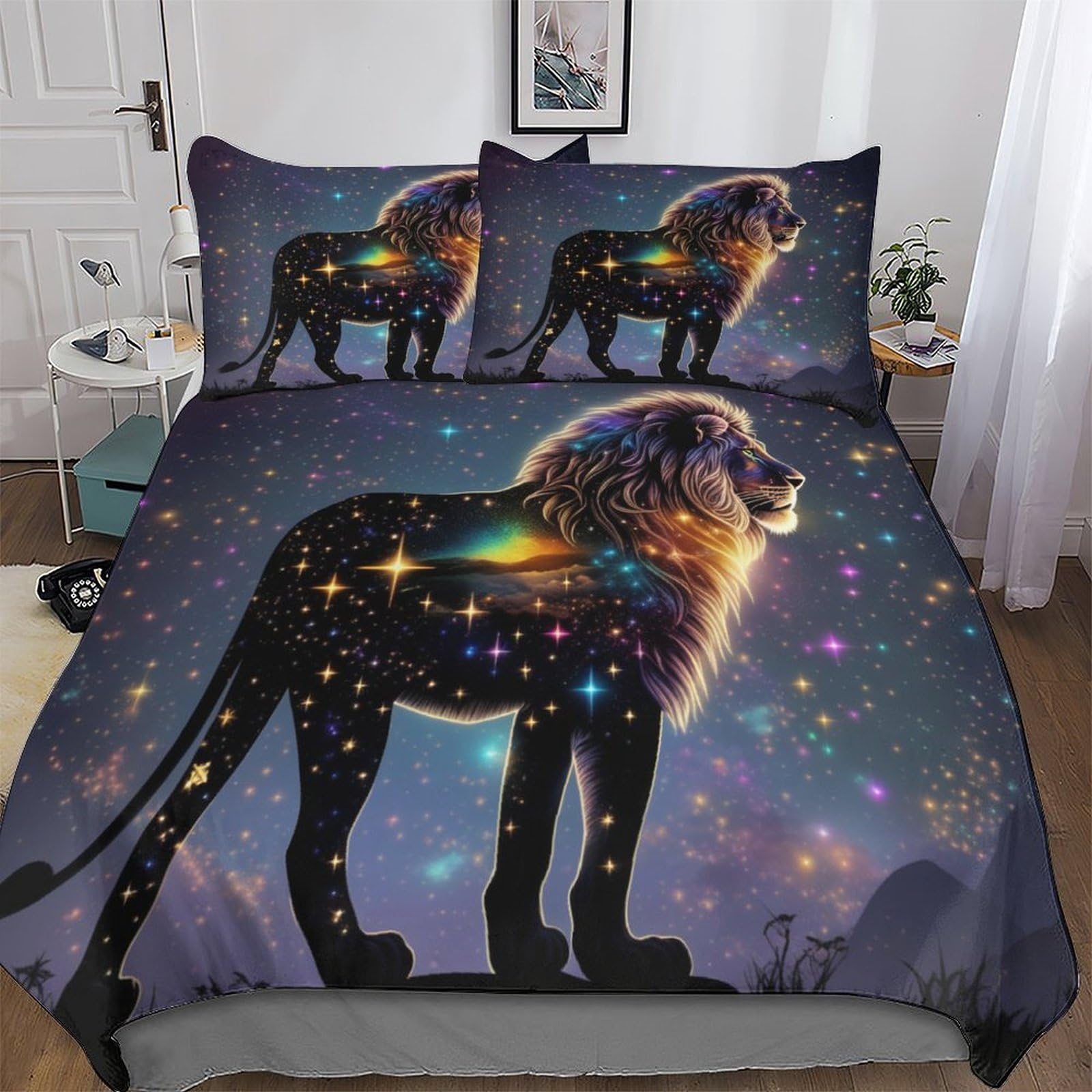 Housse de couette lion 220x240 cm avec taies d'oreiller en microfibre douce pour lit king