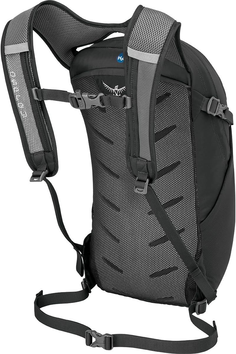 ഫ്രണ്ട് view of the Osprey Daylite Daypack showing the main compartment, front zippered pocket, and side mesh pockets.