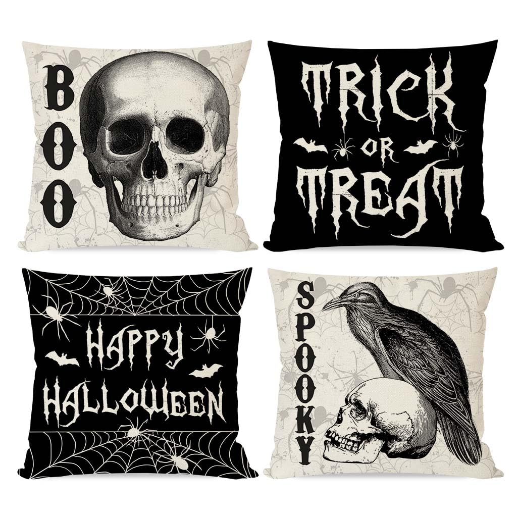 PANDICORN Happy Halloween Pillow Covers 20x20 Set of 4 Skull Raven Crow Spooky Boo Trick or Treat Fall Halloween Decorations Indoor Outdoor Decorative