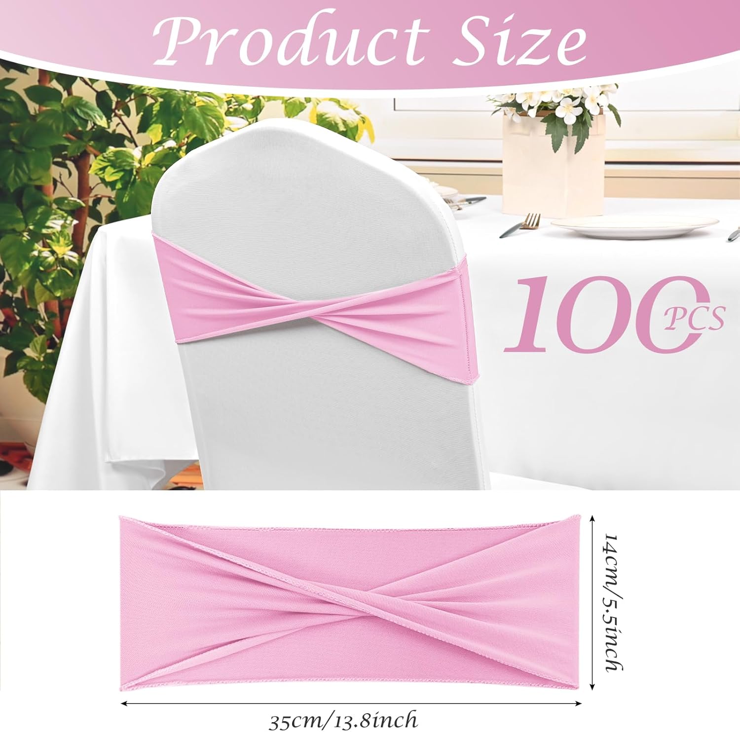 Pesonlook 100 Pack Spandex Chair Sashes Bows Stretch Elastic Pink Dining Chair Bands Ties Without Buckle Chair Decorations Cover Bands for Wedding,Party,Ceremony Banquet