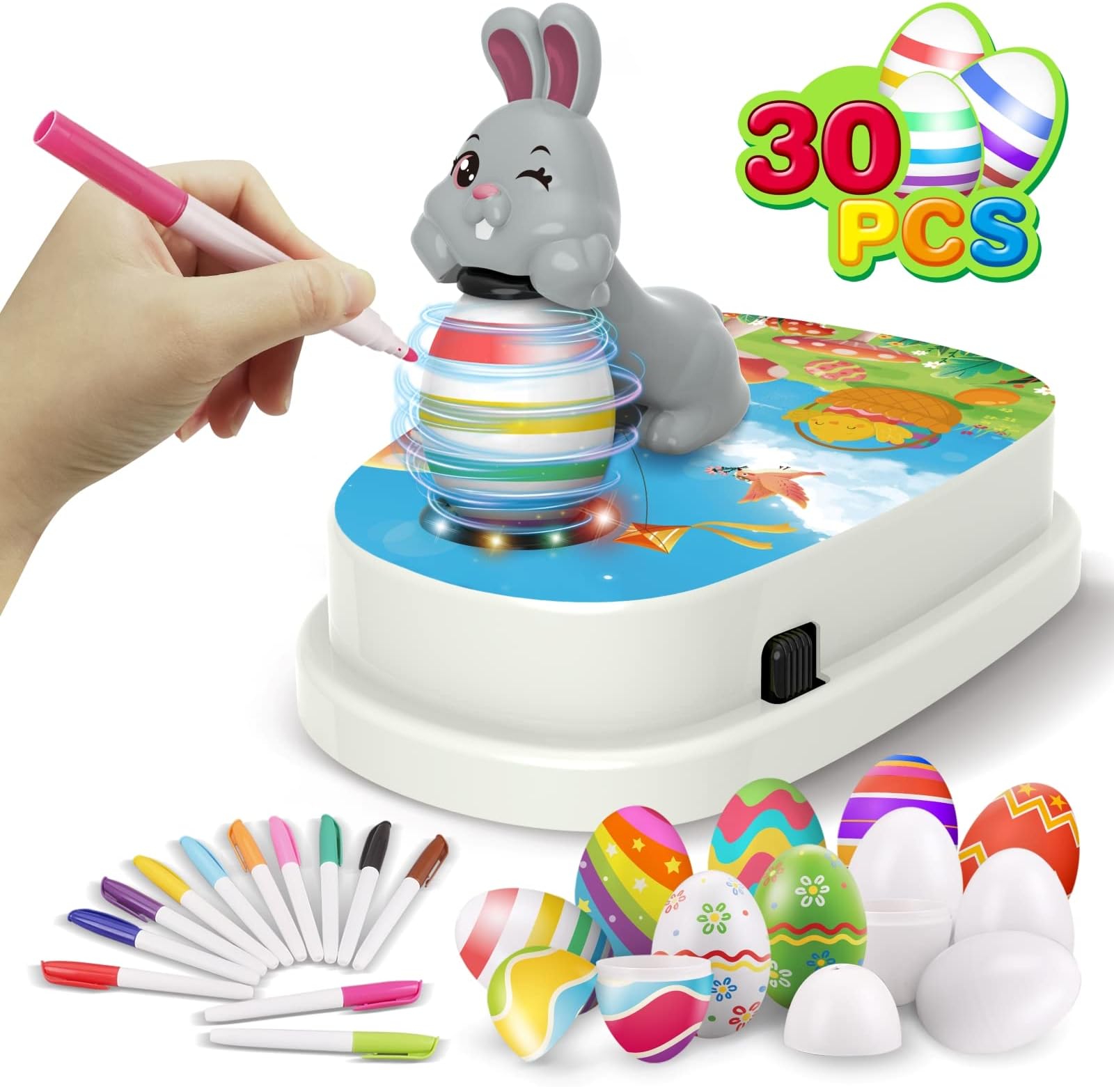 Engfa Easter Eggs Decorations Kit, Egg Decorator Spinner Easter Bunny Toy, Coloring Machine with 12 Dying Markers 30 Plastic Eggs and Slings, Easter Gift Sets for Kids Boys Girls Party
