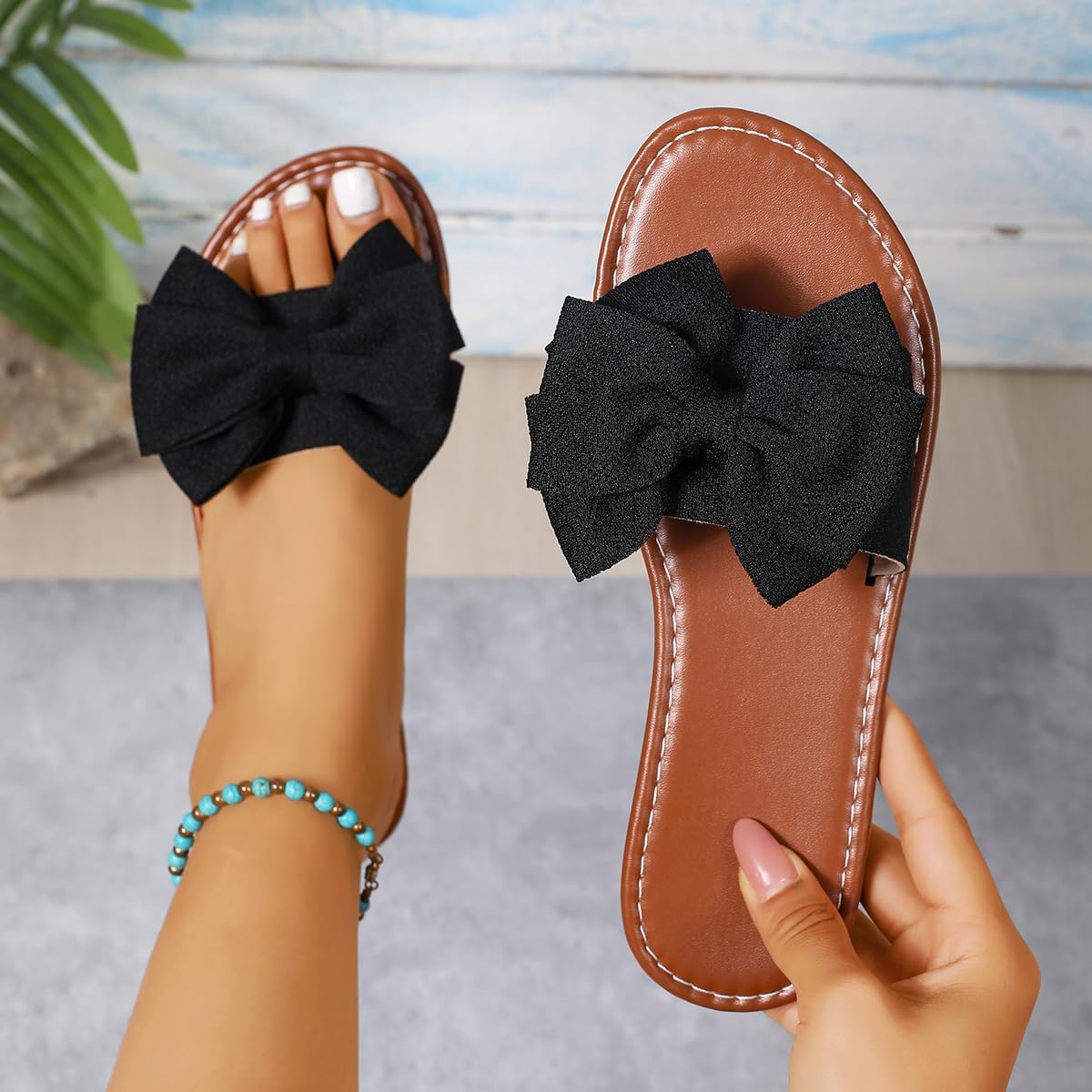 Women's Round Toe Bow Flat Sandals, Soft Slides Open-Toe Summer Slippers - Image 2