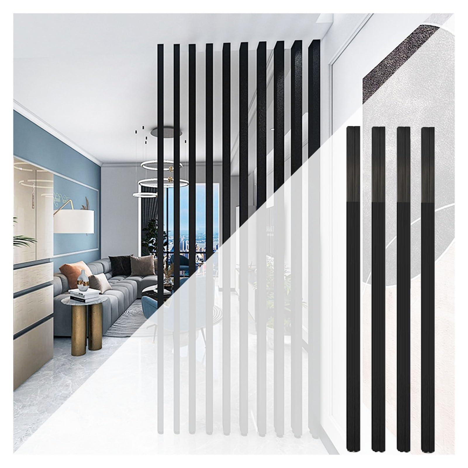 Floor to Ceiling Column Grille,4-6 Pieces Slats Wall Post Partitions Screens,Hallway Front Door Living Room Entrance Shelter Pillar(Black,4 Pieces 110cm/43.3in)