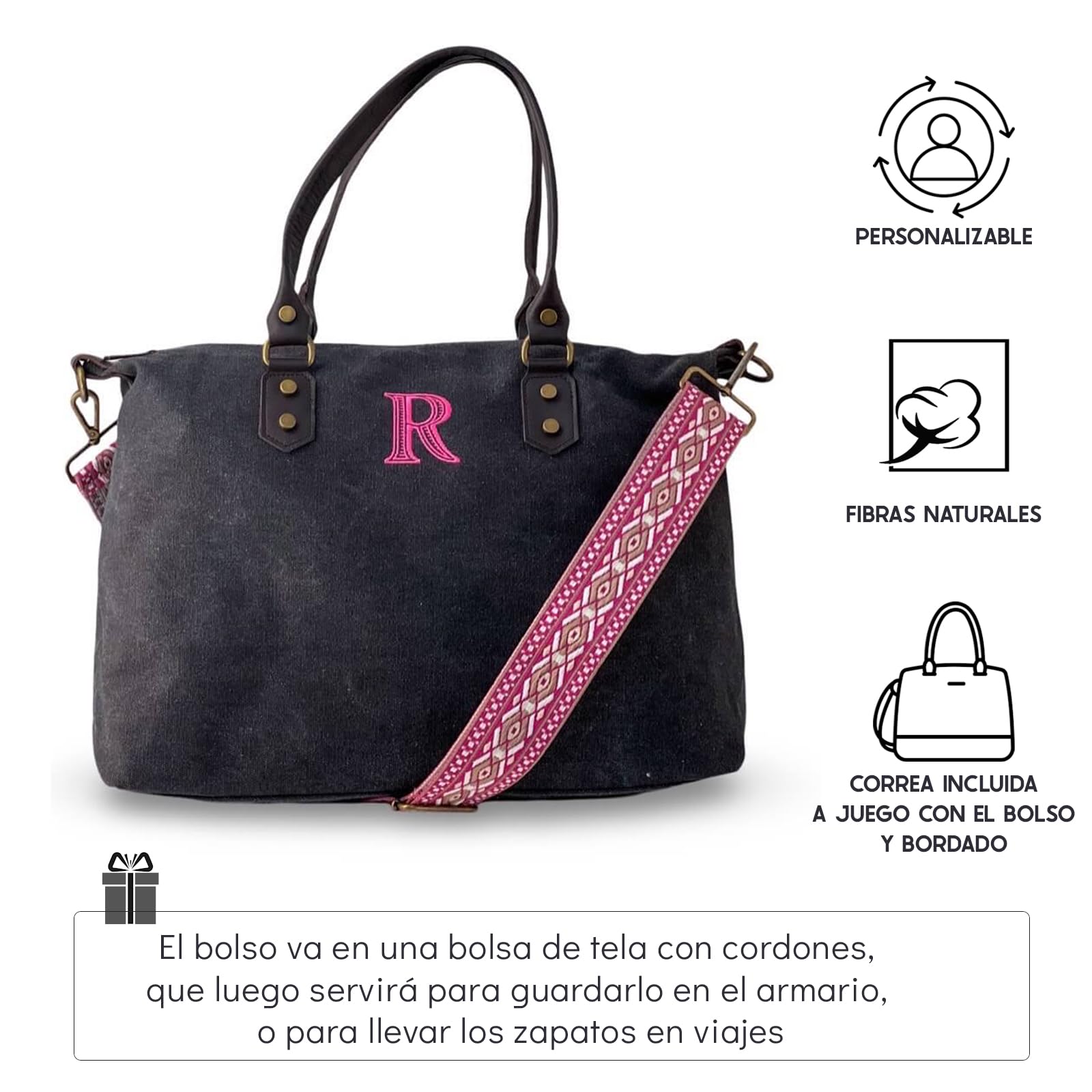 Bolso Hombro Leonor - Bolso Personalizado - Bordado y Personalizado con tus iniciales - Correa étnica incluida