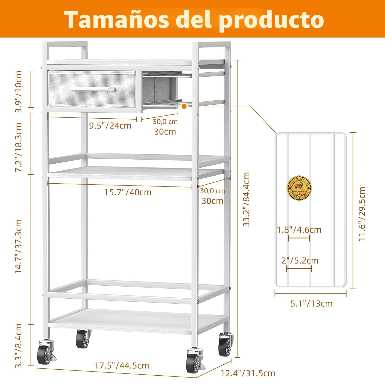 Housolution Mueble Bar de Café Móvil de 4 Pisos con Almacén, Organizador de Café con 2 Cajones para K-Tazas para Nespresso Vertuo, Carrito Bar de Café para Casa, Cocina, Sala de Estar (Blanco + Gris)
